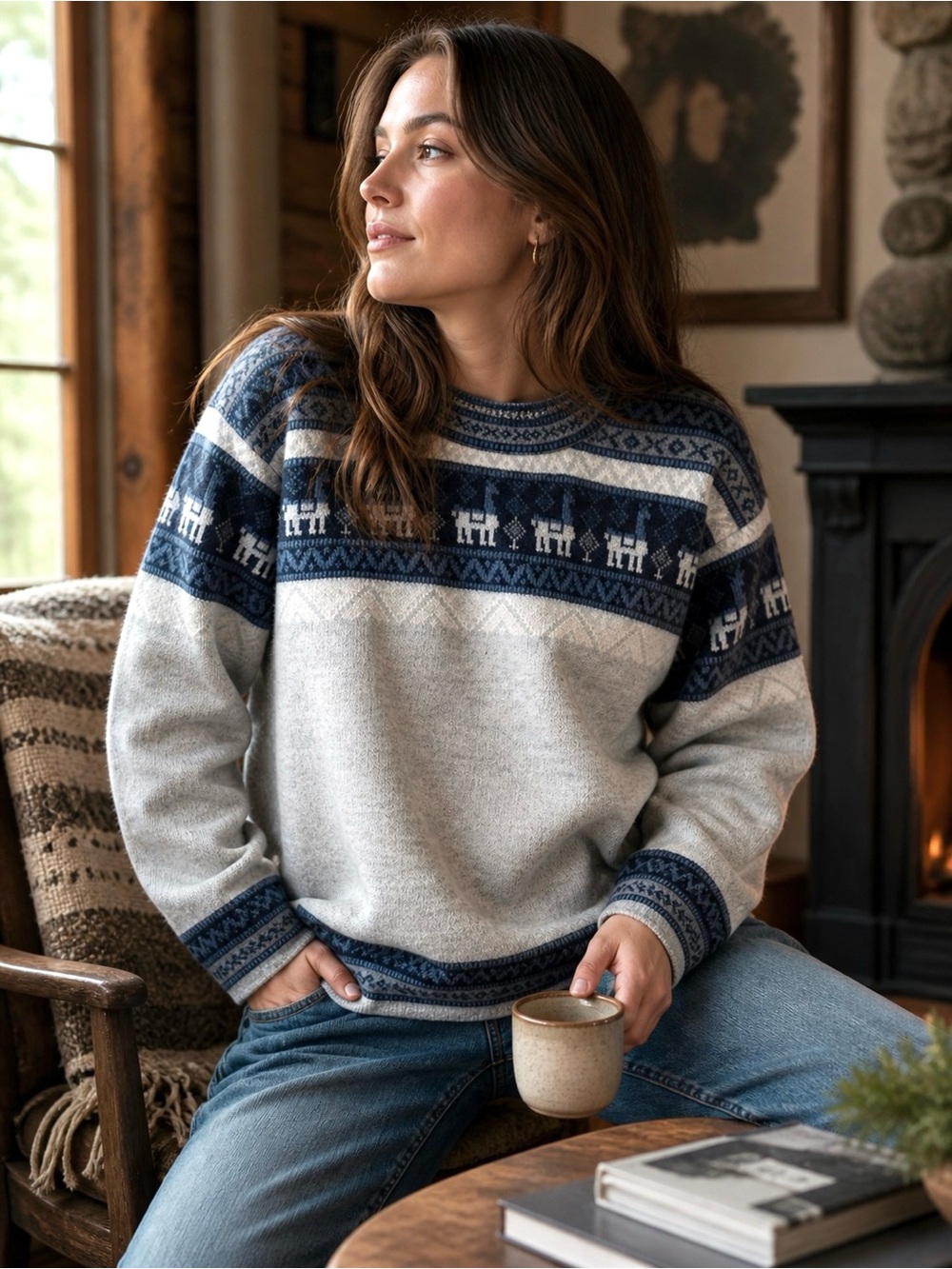 Alpaca Fair Isle Nordic Sweater Cozy Cabin Core Gray Blue Soft Women’s L